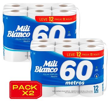 Imagen de Papel Higienico Mili Blanco Hoja Simple Neutro 60m X12 Pack X2
